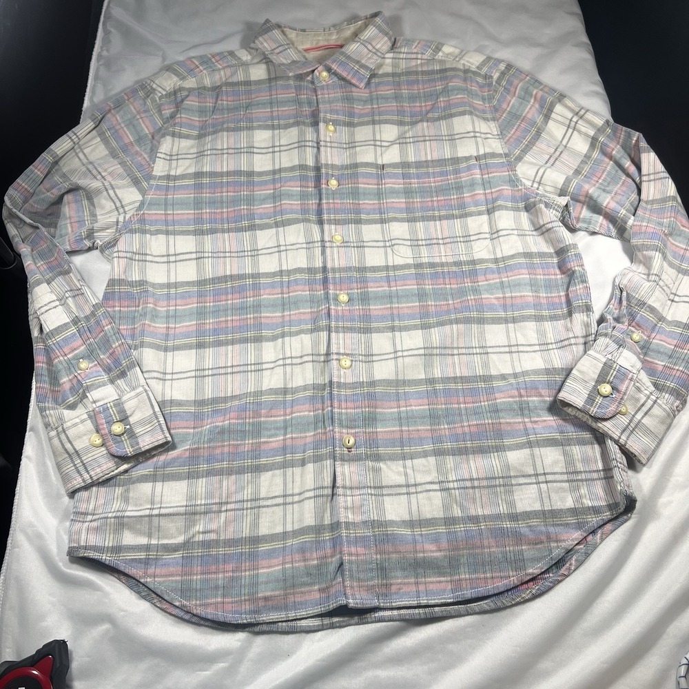 Tommy Bahama Mens Pink Blue Plaid Long Sleeve Button Up Cotton Dress Shirt Med